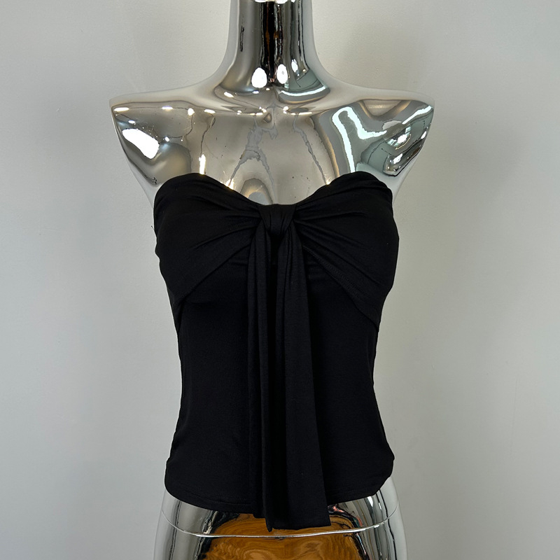 Korejos stiliaus be pečių viršutinis topas su kaspinu ir krūtinės pagalvėlėmis, lieknas kirpimas, viskozės audinys, mikroelastingumas