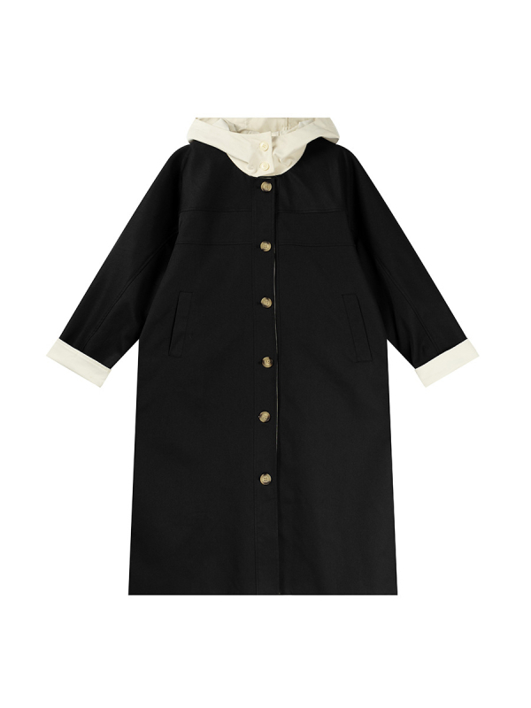 Love kapucnis szélkabát kontrasztvarrással, középméretű hossz, laza szabás, poliészter twill anyag, splice részlet