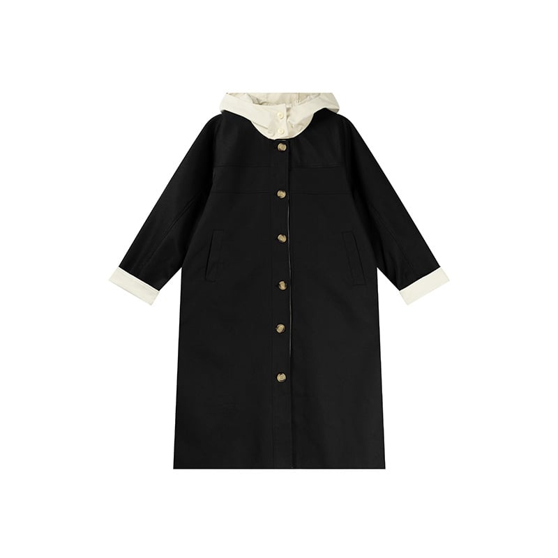 Love kapucnis szélkabát kontrasztvarrással, középméretű hossz, laza szabás, poliészter twill anyag, splice részlet