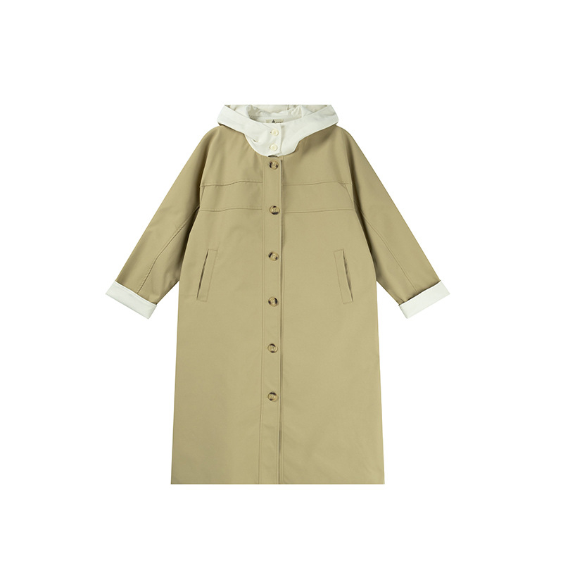 Love kapucnis szélkabát kontrasztvarrással, középméretű hossz, laza szabás, poliészter twill anyag, splice részlet