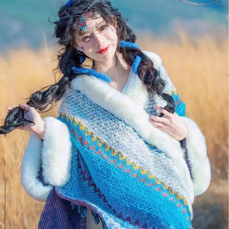 Etno stiliaus storas kailio apykaklės šalikėlis, poliesteris, spalvotų grotelių raštas, išlaiko šilumą, žiemai, pavasariui ir rudeniui
