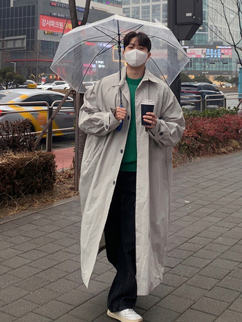 Asclo Korejský štýl dlhý kabát, voľný strih, golier, zapínanie na jeden rad gombíkov, na jar a na jeseň