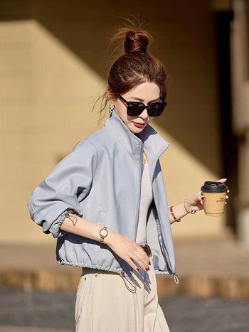 Дамско PU кожено яке с яка-стойка, цип, свободен силует, дълги ръкави, пролет 2025