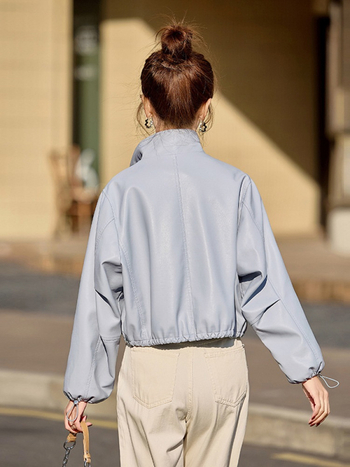 Дамско PU кожено яке с яка-стойка, цип, свободен силует, дълги ръкави, пролет 2025