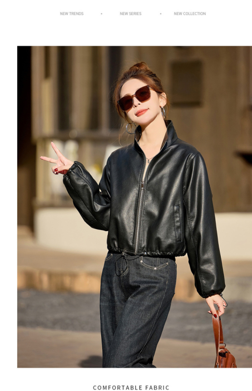 Дамско PU кожено яке с яка-стойка, цип, свободен силует, дълги ръкави, пролет 2025