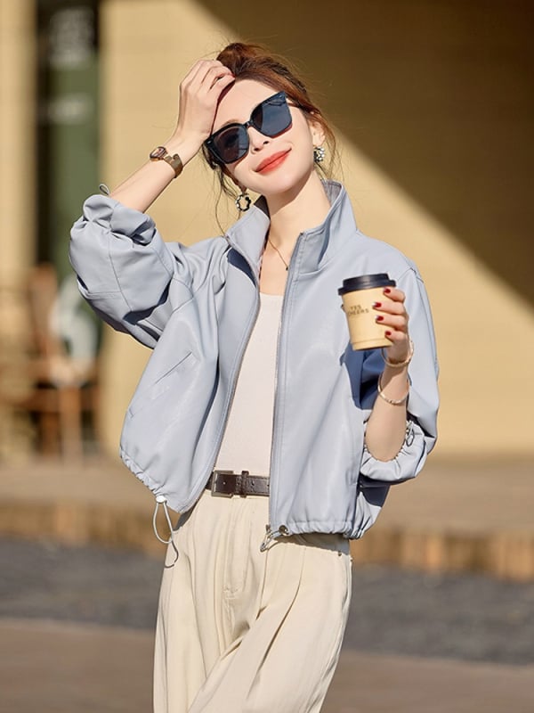 Дамско PU кожено яке с яка-стойка, цип, свободен силует, дълги ръкави, пролет 2025