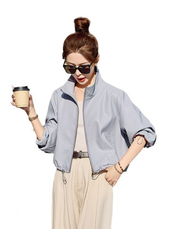 Дамско PU кожено яке с яка-стойка, цип, свободен силует, дълги ръкави, пролет 2025