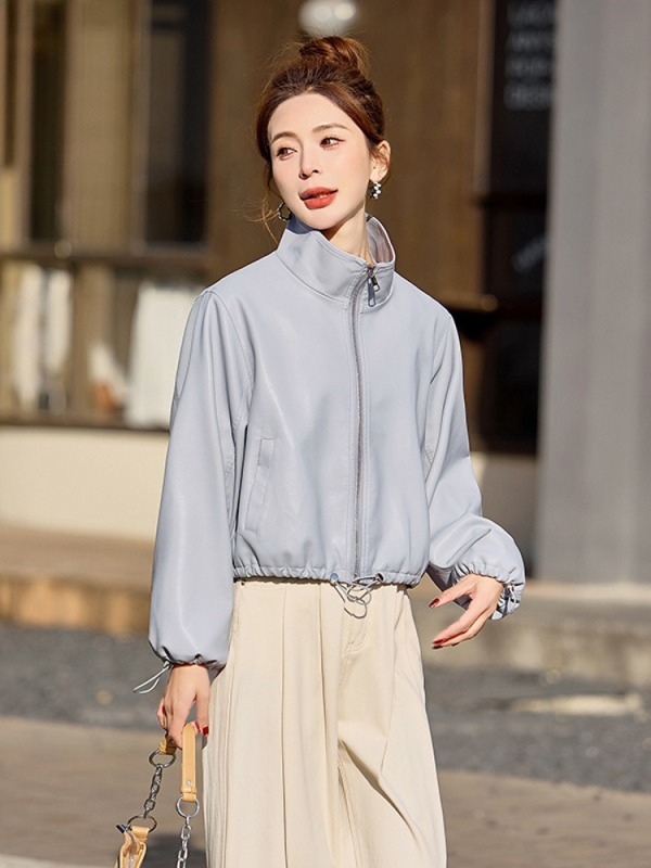 Дамско PU кожено яке с яка-стойка, цип, свободен силует, дълги ръкави, пролет 2025