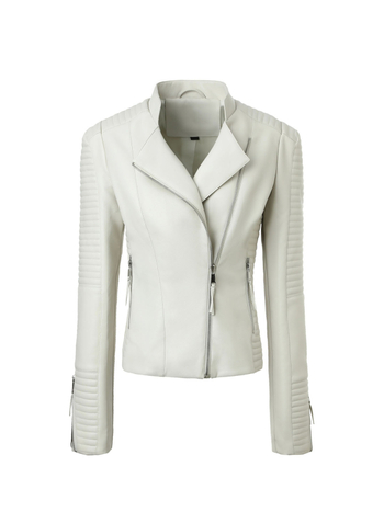 Дамско PU кожено яке, яка Lapel, диагонална ципа, слим фит, дълги ръкави
