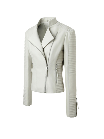 Дамско PU кожено яке, яка Lapel, диагонална ципа, слим фит, дълги ръкави