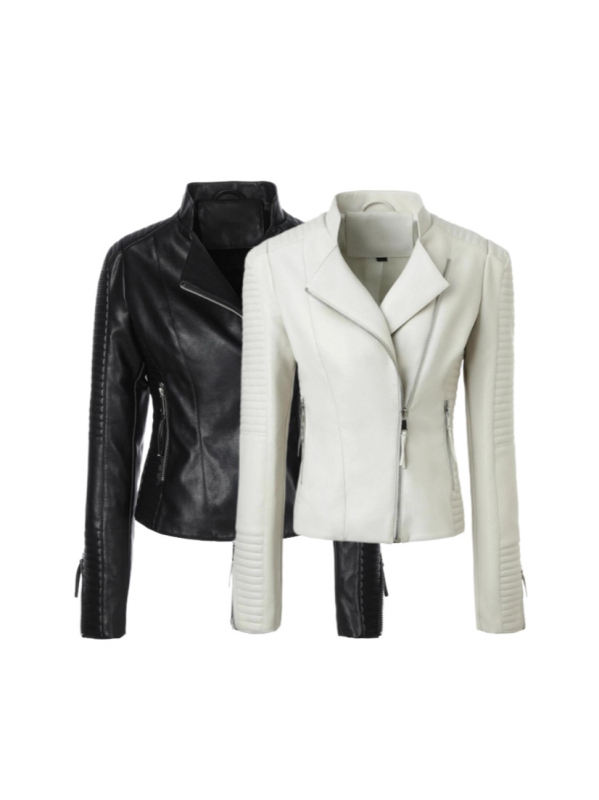 Дамско PU кожено яке, яка Lapel, диагонална ципа, слим фит, дълги ръкави