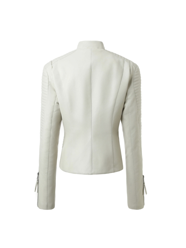 Дамско PU кожено яке, яка Lapel, диагонална ципа, слим фит, дълги ръкави