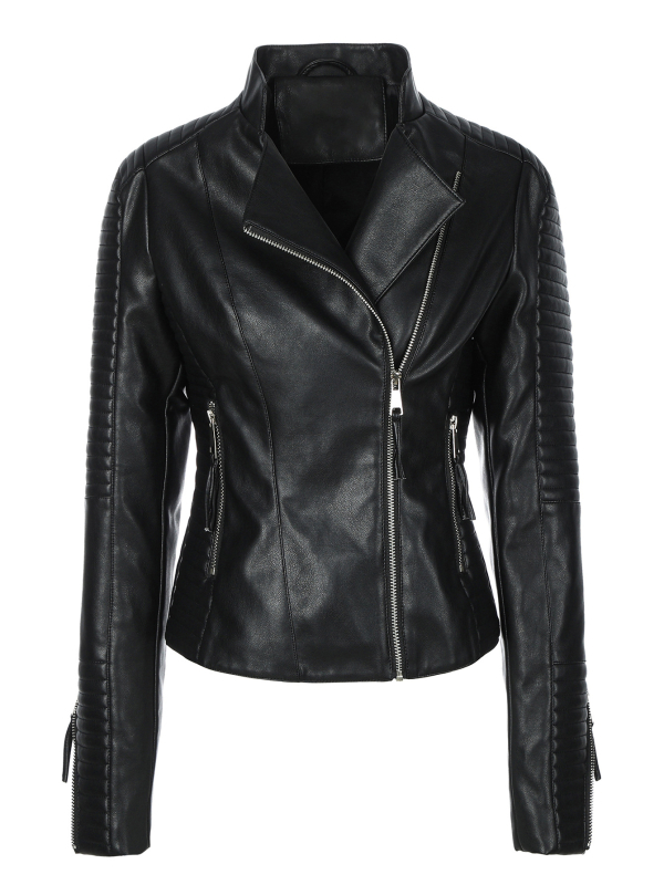 Дамско PU кожено яке, яка Lapel, диагонална ципа, слим фит, дълги ръкави