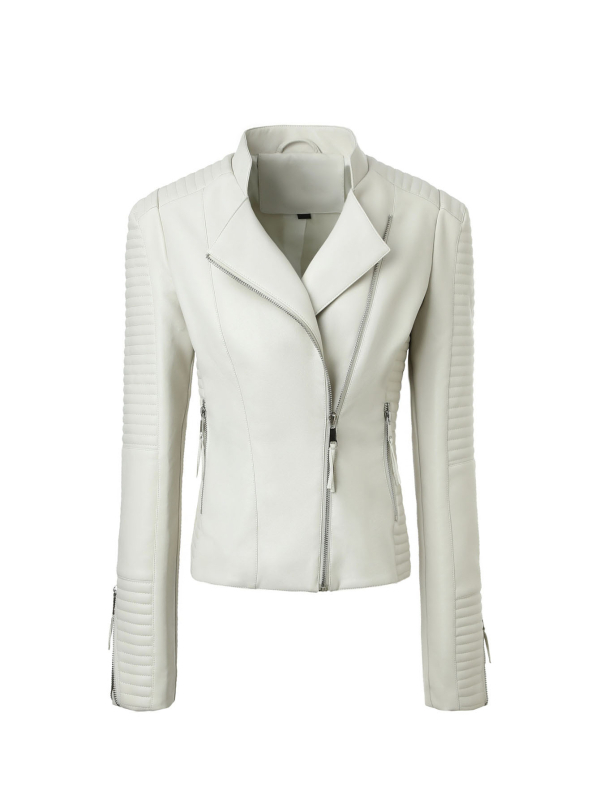 Дамско PU кожено яке, яка Lapel, диагонална ципа, слим фит, дълги ръкави