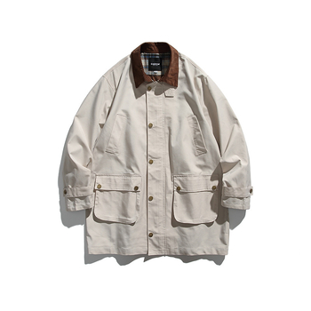 Vetrový kabát v japonskom retro štýle, stredná dĺžka, golier s lemom, jednobordové zapínanie