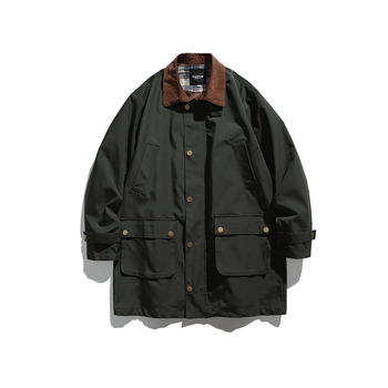 Vetrový kabát v japonskom retro štýle, stredná dĺžka, golier s lemom, jednobordové zapínanie