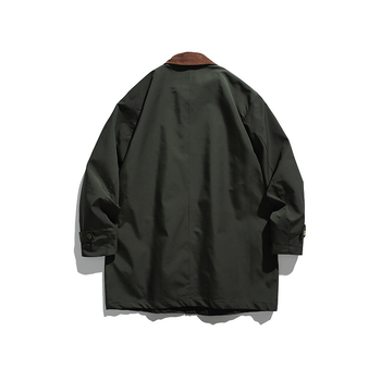 Vetrový kabát v japonskom retro štýle, stredná dĺžka, golier s lemom, jednobordové zapínanie