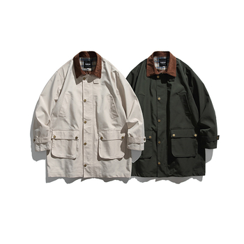 Vetrový kabát v japonskom retro štýle, stredná dĺžka, golier s lemom, jednobordové zapínanie