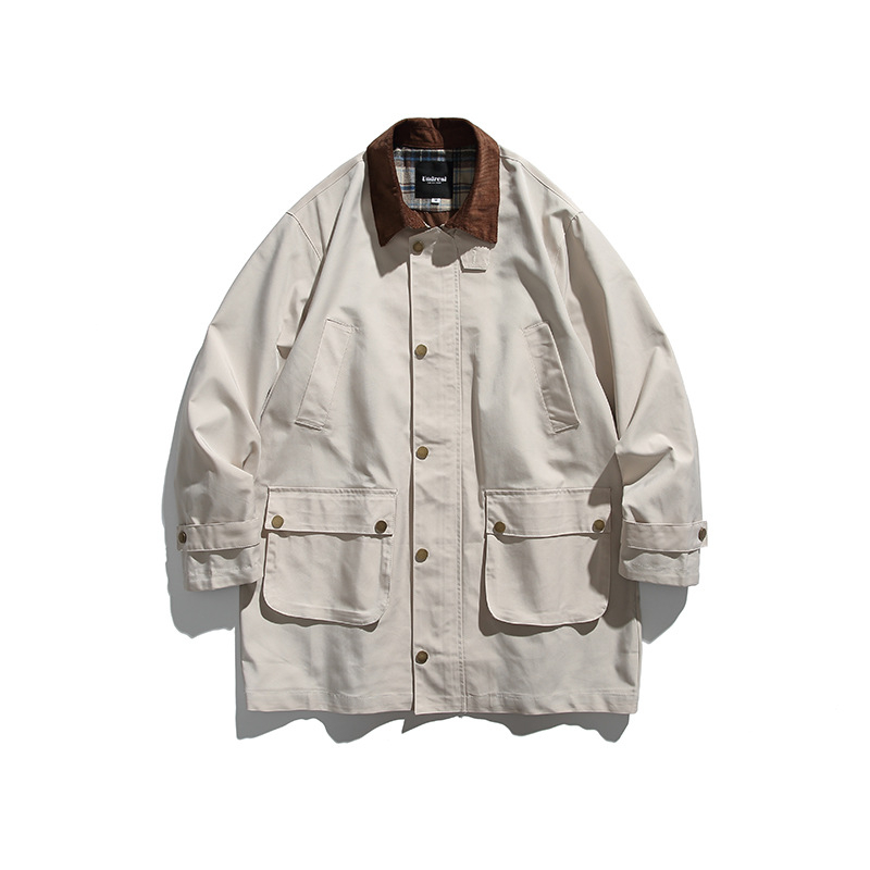 Vetrový kabát v japonskom retro štýle, stredná dĺžka, golier s lemom, jednobordové zapínanie