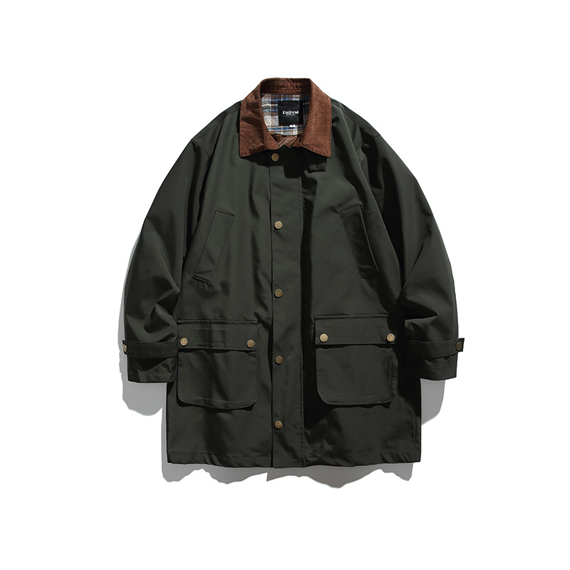 Vėjinė striukė su japonų retro stiliumi, vidutinio ilgio, apykaklė su lapeliu, vienos eilės užsegimas