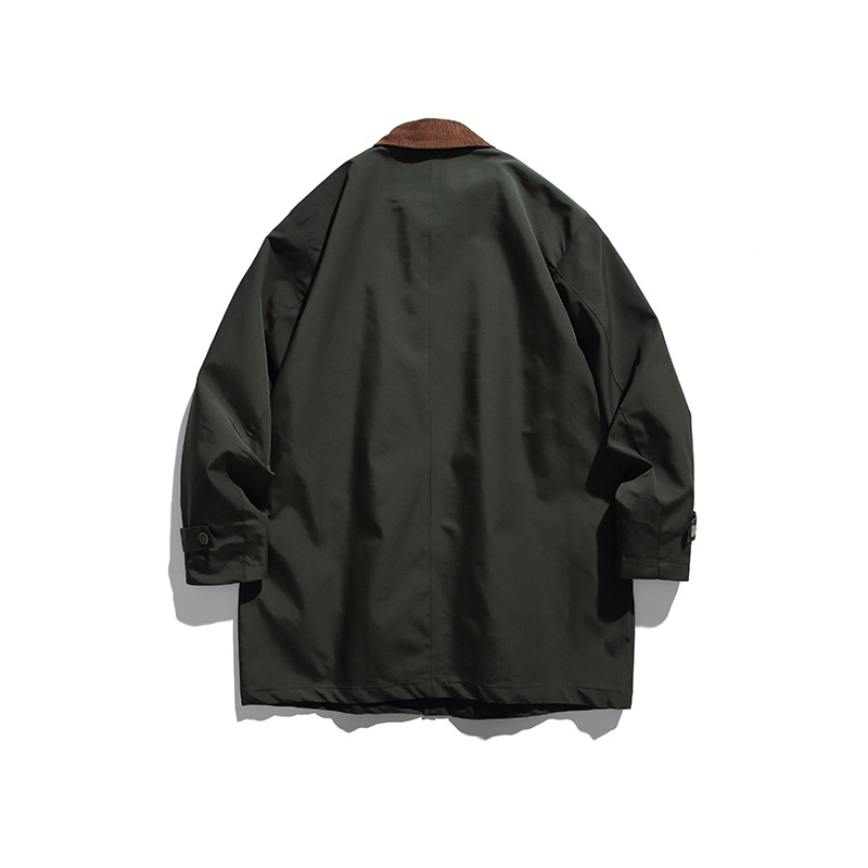 Vėjinė striukė su japonų retro stiliumi, vidutinio ilgio, apykaklė su lapeliu, vienos eilės užsegimas