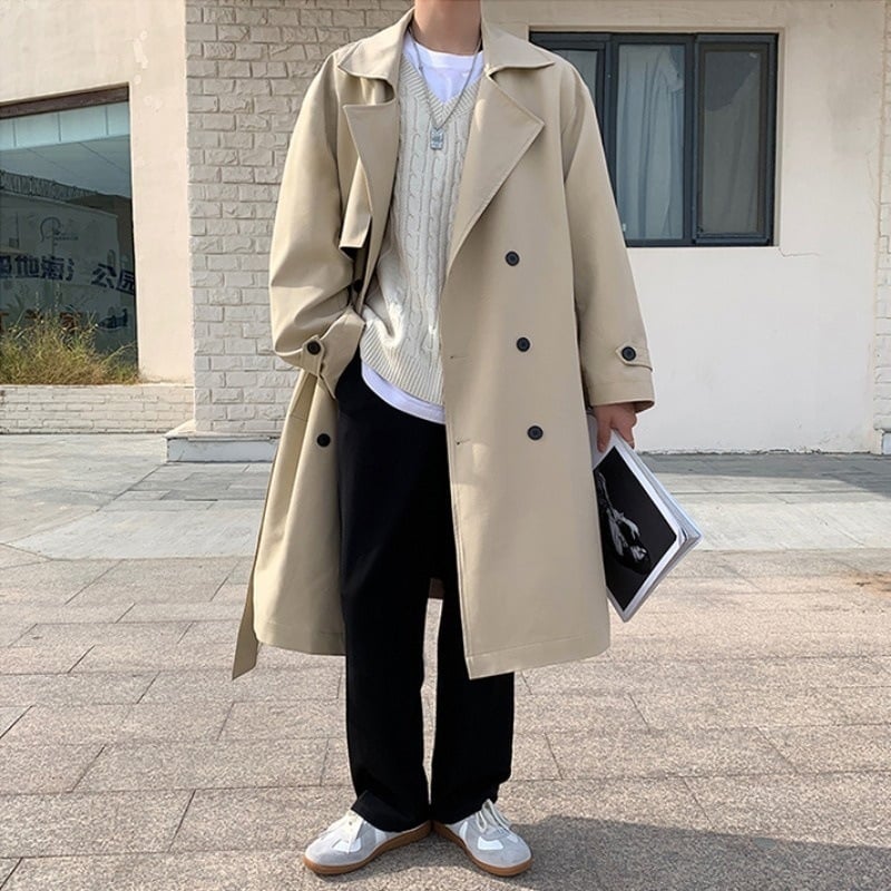 Pánsky kabát v britskom štýle, predĺžená dĺžka, zips, vrecká s patchami