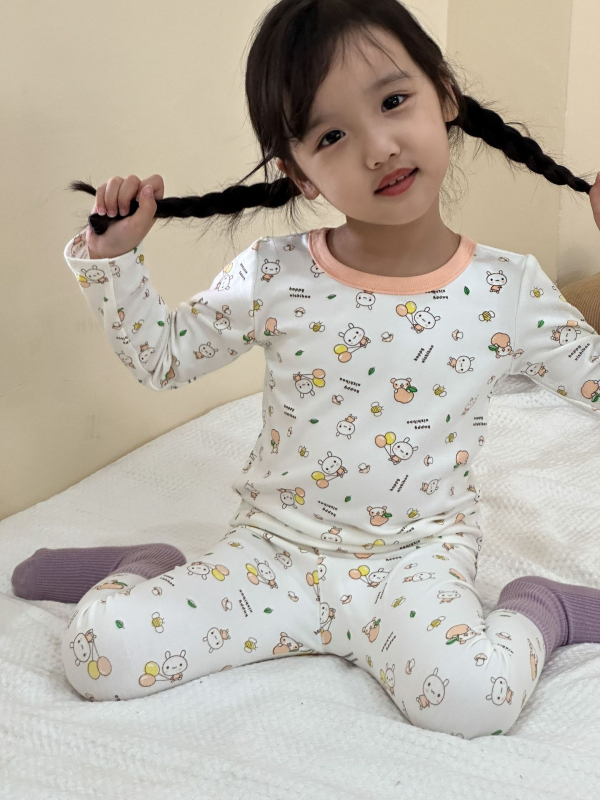 Set termic pentru copii: tricou cu mânecă lungă și pantaloni, 95% bumbac, pentru iarnă și toamnă, vârsta 3-8 ani, imprimeu animale/desene animate.