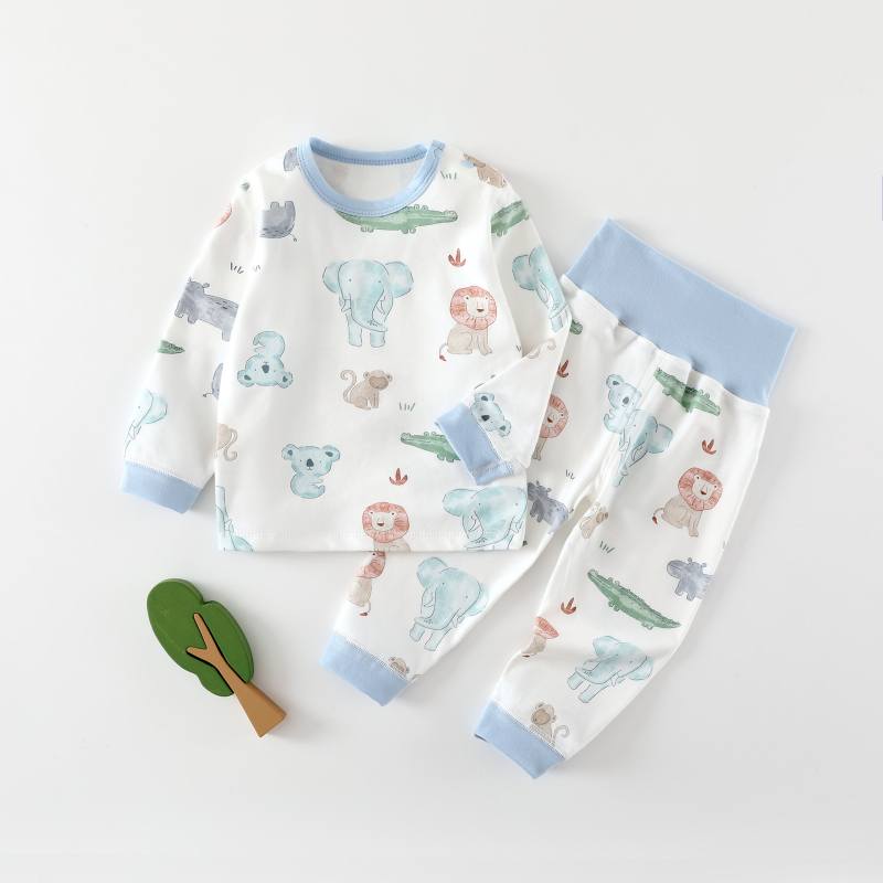 Kisbaba téli 2 részes pamut alsó-felső készlet – uniszex, 0–12 hónap, 100% pamut, rajzolt minta, magas derekú védőhas, lazább stílus