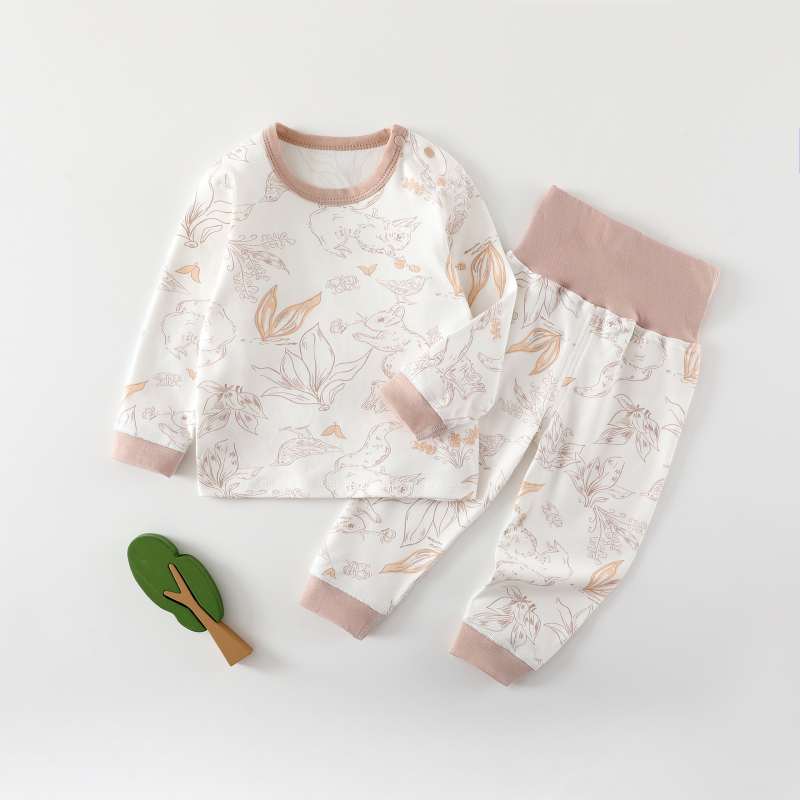 Kisbaba téli 2 részes pamut alsó-felső készlet – uniszex, 0–12 hónap, 100% pamut, rajzolt minta, magas derekú védőhas, lazább stílus