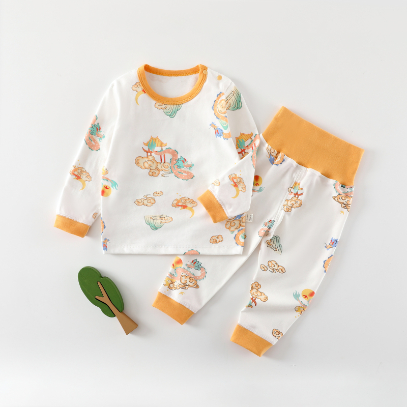 Kisbaba téli 2 részes pamut alsó-felső készlet – uniszex, 0–12 hónap, 100% pamut, rajzolt minta, magas derekú védőhas, lazább stílus