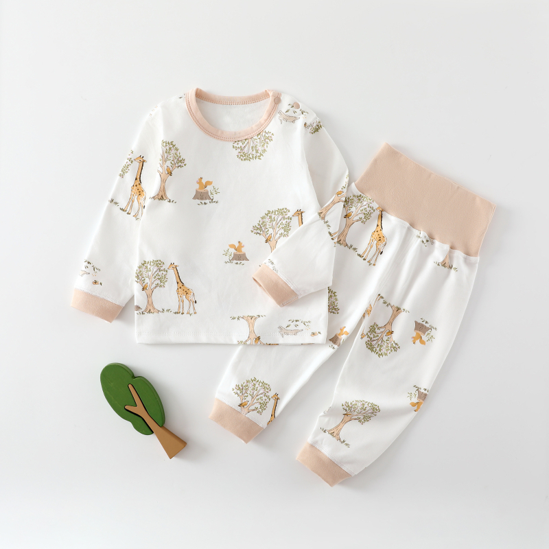 Kisbaba téli 2 részes pamut alsó-felső készlet – uniszex, 0–12 hónap, 100% pamut, rajzolt minta, magas derekú védőhas, lazább stílus