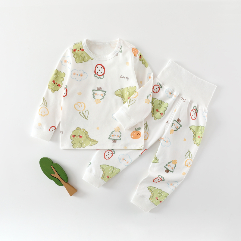 Kisbaba téli 2 részes pamut alsó-felső készlet – uniszex, 0–12 hónap, 100% pamut, rajzolt minta, magas derekú védőhas, lazább stílus