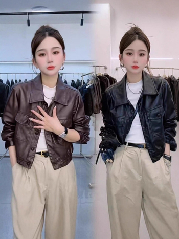 Дамско яке от имитационна кожа – поло яка, дълги ръкави, къс модел (дължина 40–50 см), японски и корейски стил