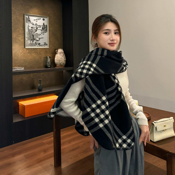 Șal de iarnă pentru femei, fular dublu, stil coreean, model în carouri, gros; Material: fire cu miez; Tip tricotare: tricotare pe fir
