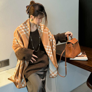 Șal de iarnă pentru femei, fular dublu, stil coreean, model în carouri, gros; Material: fire cu miez; Tip tricotare: tricotare pe fir