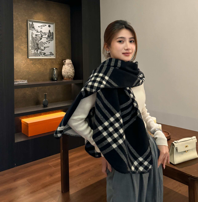 Șal de iarnă pentru femei, fular dublu, stil coreean, model în carouri, gros; Material: fire cu miez; Tip tricotare: tricotare pe fir