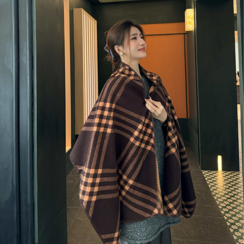 Șal de iarnă pentru femei, fular dublu, stil coreean, model în carouri, gros; Material: fire cu miez; Tip tricotare: tricotare pe fir