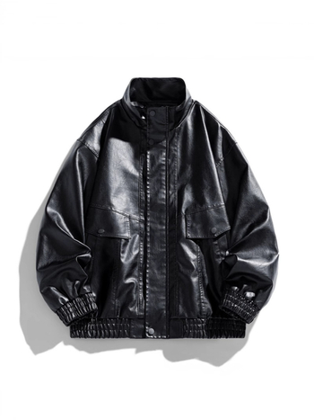 PU odinė motociklinė striukė su stovinčia apykakle, užtrauktuvu, retro stilius, trumpas kirpimas, kelios kišenės