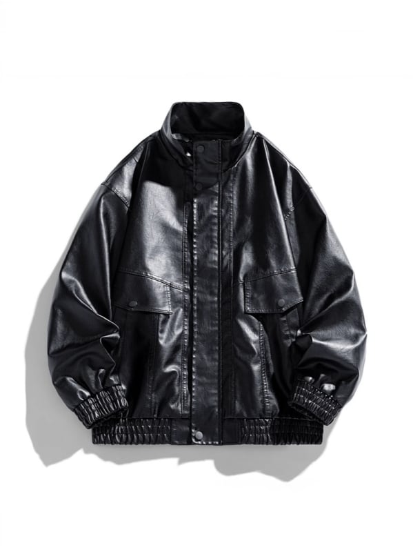 PU odinė motociklinė striukė su stovinčia apykakle, užtrauktuvu, retro stilius, trumpas kirpimas, kelios kišenės