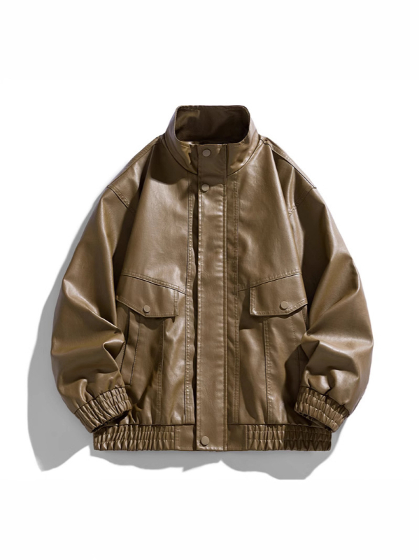 PU odinė motociklinė striukė su stovinčia apykakle, užtrauktuvu, retro stilius, trumpas kirpimas, kelios kišenės