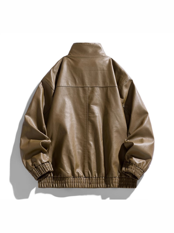 PU odinė motociklinė striukė su stovinčia apykakle, užtrauktuvu, retro stilius, trumpas kirpimas, kelios kišenės