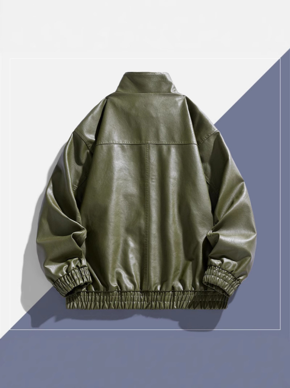 PU odinė motociklinė striukė su stovinčia apykakle, užtrauktuvu, retro stilius, trumpas kirpimas, kelios kišenės