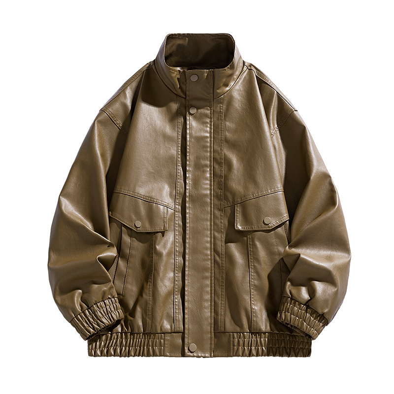 PU odinė motociklinė striukė su stovinčia apykakle, užtrauktuvu, retro stilius, trumpas kirpimas, kelios kišenės