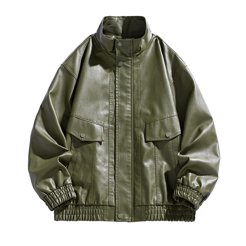 PU odinė motociklinė striukė su stovinčia apykakle, užtrauktuvu, retro stilius, trumpas kirpimas, kelios kišenės