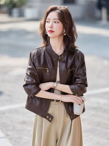 Női bőrkabát - PU bőr, kerek nyakú gallér, lecsúszott vállú hosszú ujjú, cipzár, mindennapi stílus