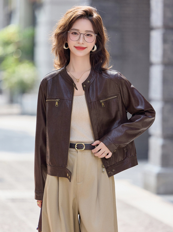 Női bőrkabát - PU bőr, kerek nyakú gallér, lecsúszott vállú hosszú ujjú, cipzár, mindennapi stílus