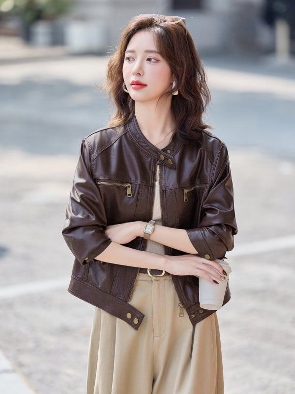 Női bőrkabát - PU bőr, kerek nyakú gallér, lecsúszott vállú hosszú ujjú, cipzár, mindennapi stílus