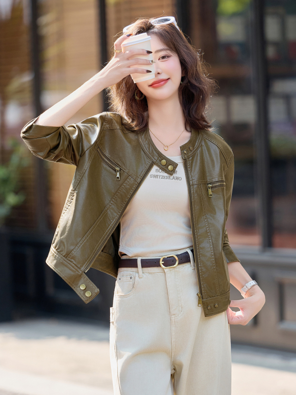 Női bőrkabát - PU bőr, kerek nyakú gallér, lecsúszott vállú hosszú ujjú, cipzár, mindennapi stílus