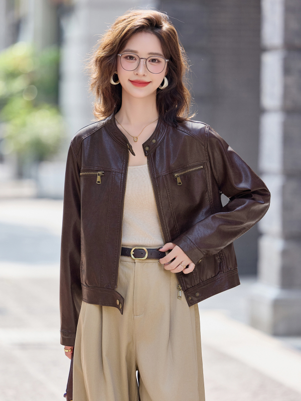 Női bőrkabát - PU bőr, kerek nyakú gallér, lecsúszott vállú hosszú ujjú, cipzár, mindennapi stílus