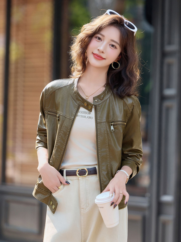 Női bőrkabát - PU bőr, kerek nyakú gallér, lecsúszott vállú hosszú ujjú, cipzár, mindennapi stílus